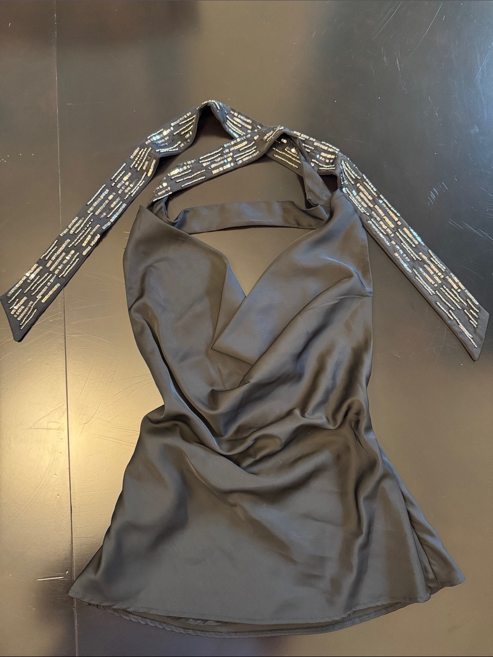Zara Black Satin Backless Halter Top with Beaded Tie